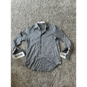 Robert Graham Dress Shirt Men's Medium Houndstooth Flip Cuff Grey Embroidered